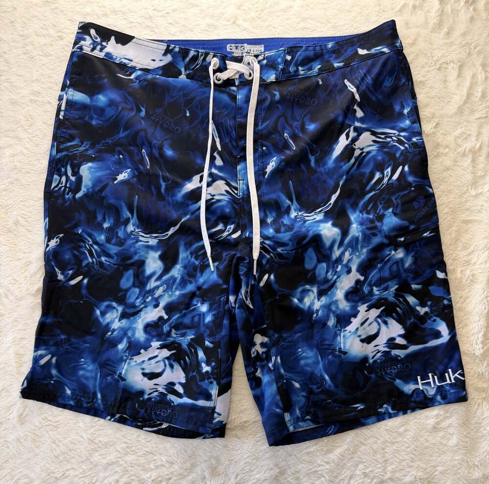 Huk Mens Board Shorts Swim Trunks 36 Mossy Oak Elements Hydro Blue Fishing